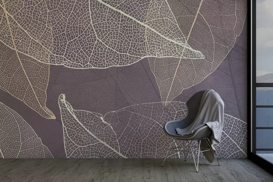 Шпалери крупним планом листя з прожилками у фіолетово-сірих тонах w02520v3