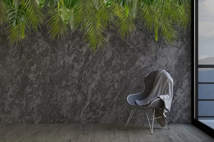 Шпалери тропічне листя на тлі імітації каменю w02547