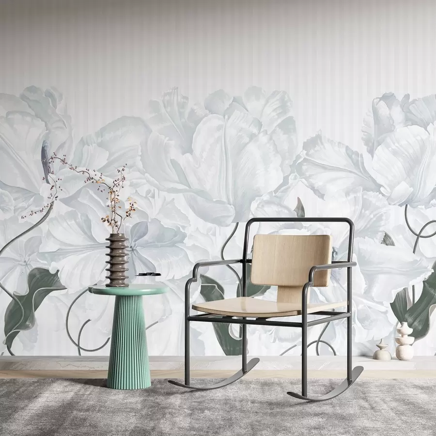 Шпалери ніжні сірі квіти на смугастому тлі w02565v1