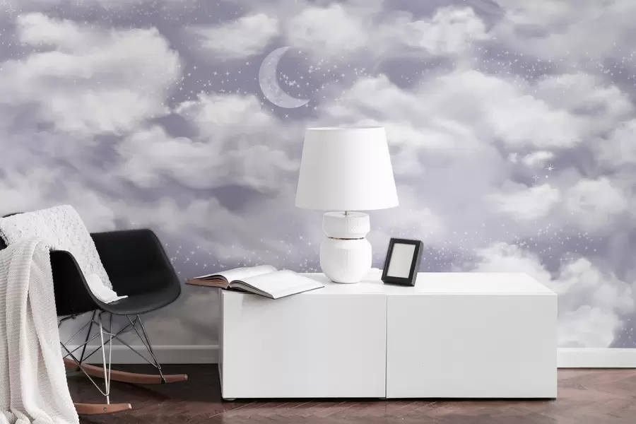 Шпалери Зоряне небо з місяцем і хмарами, мрійливі, ефірні, м'які фіолетові кольори w02515v4