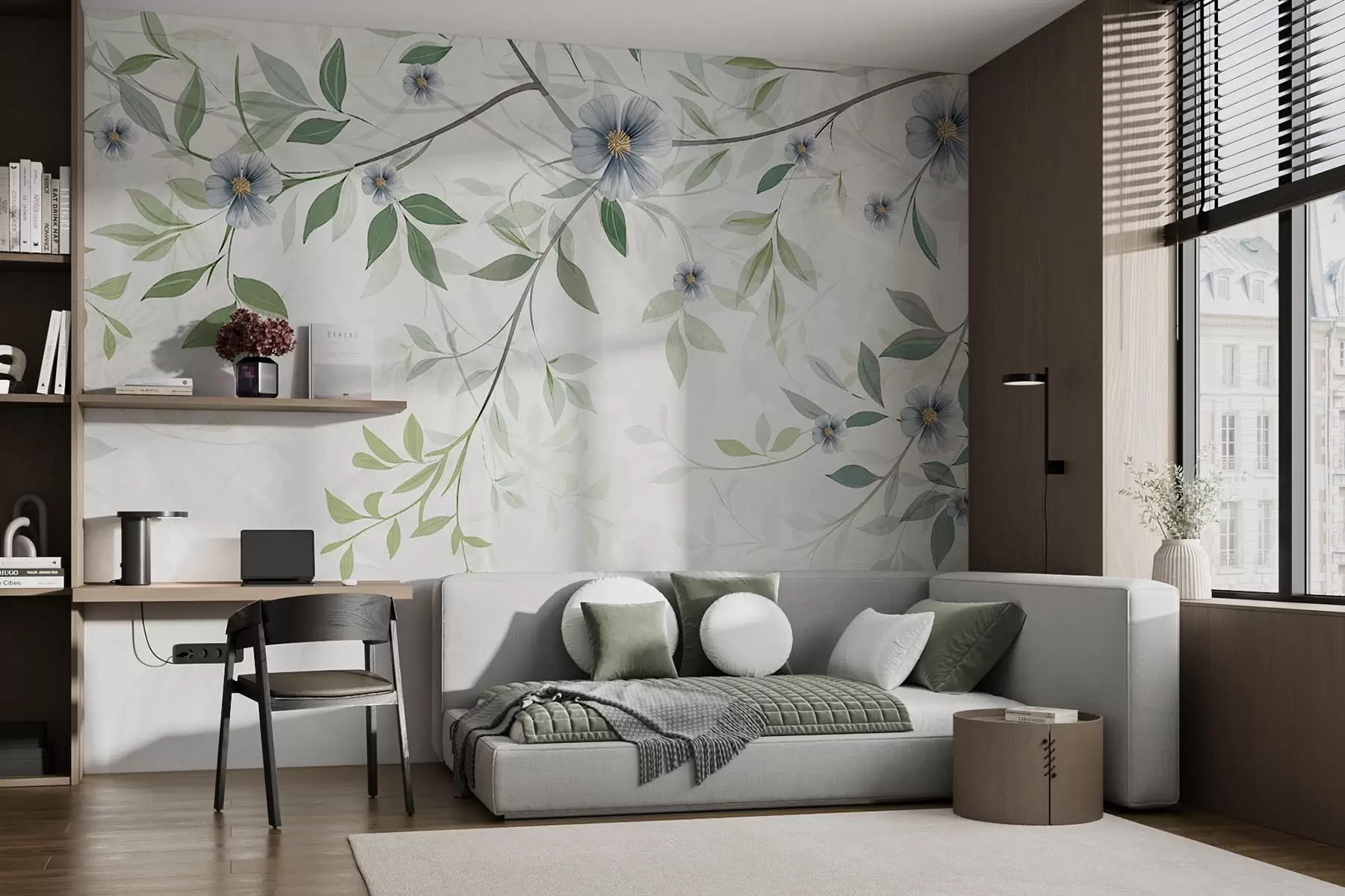 Шпалери Гілки з зеленим листям і блакитними квітами w00316