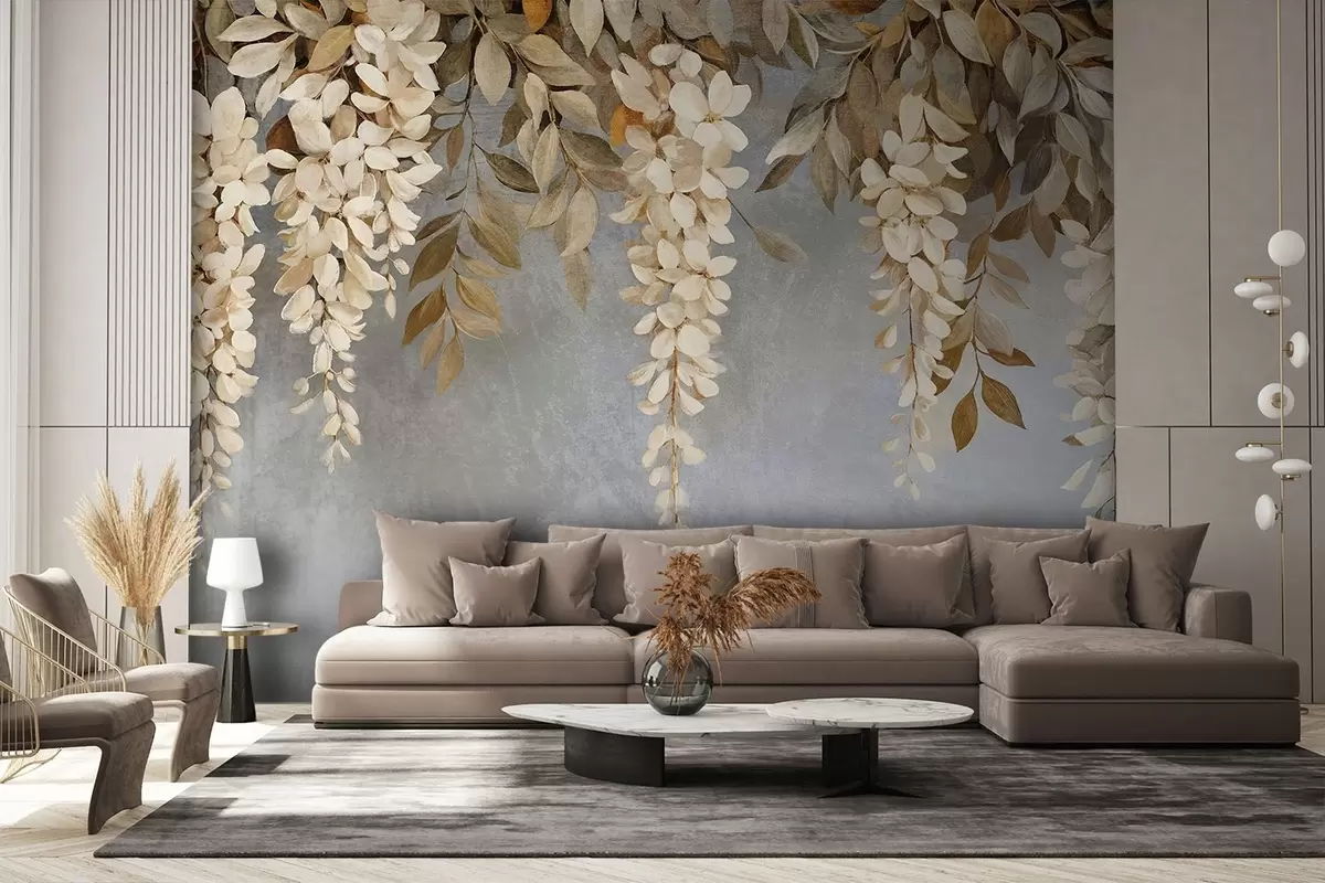 Шпалери Ніжні білі та світло-бежеві квіти гліцинії з листям, що каскадом спадає вниз на м'якому сірому тлі w08531