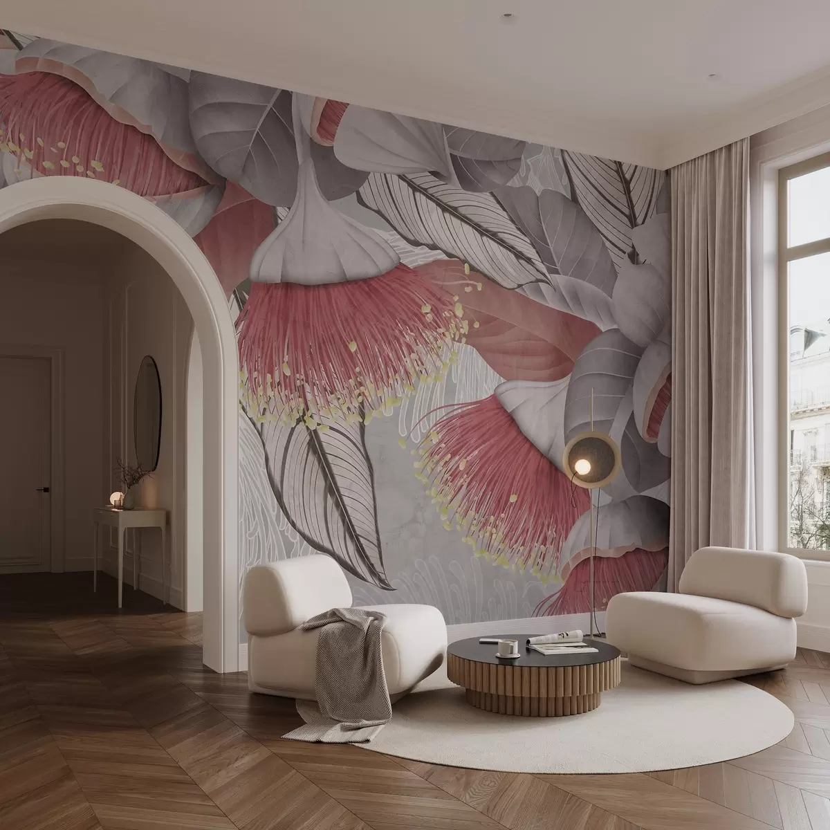 Шпалери Ботанічна ілюстрація великих квіток евкаліпта з довгими тичинками на сіро-білому тлі w08539