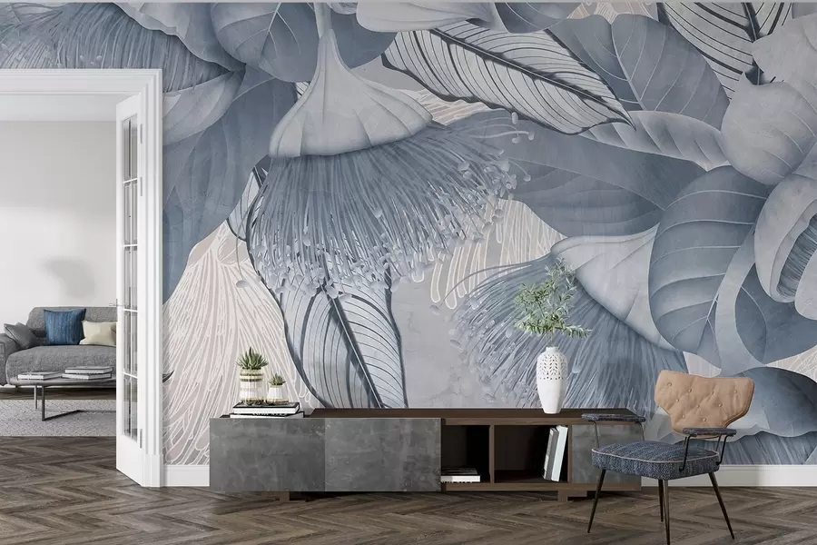 Шпалери Ботанічна ілюстрація великих синіх квіток евкаліпта з довгими тичинками на сіро-білому тлі w08539v1