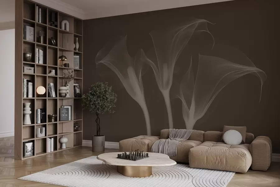 Шпалери повітряні прозорі квіти зантедескії на темному тлі w02632v1