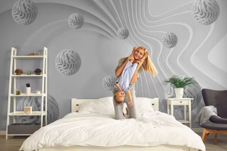Шпалери 3D сіра абстракція зі сферами та ефектом глибини w08553