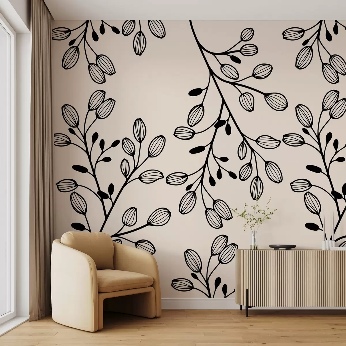 Шпалери намальовані гілочки на бежевому тлі w02665