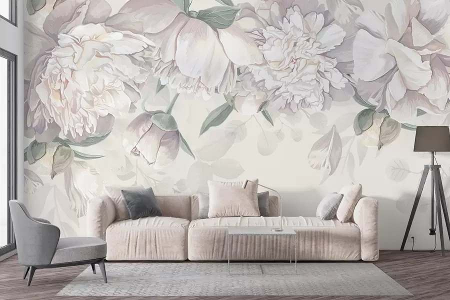 Шпалери Ніжні білі та рожеві пастельні півонії з зеленим листям, розташовані на м'якому, романтичному квітковому тлі w08577