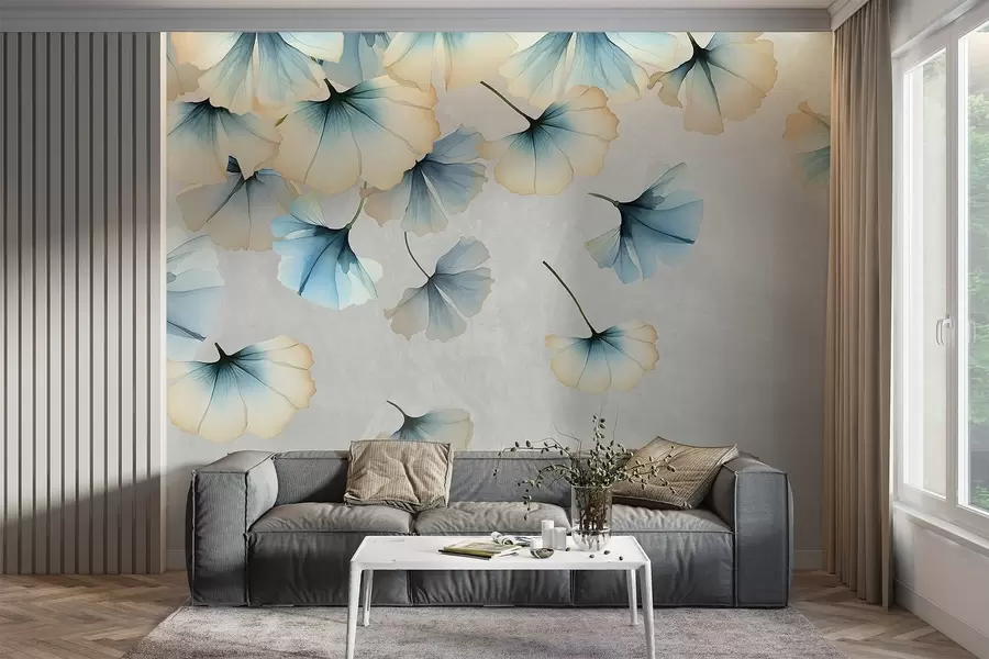 Шпалери Пастельні синьо-жовті листки гінкго з ніжними пелюстками, що ширяють у повітрі на текстурному тлі w08578v1