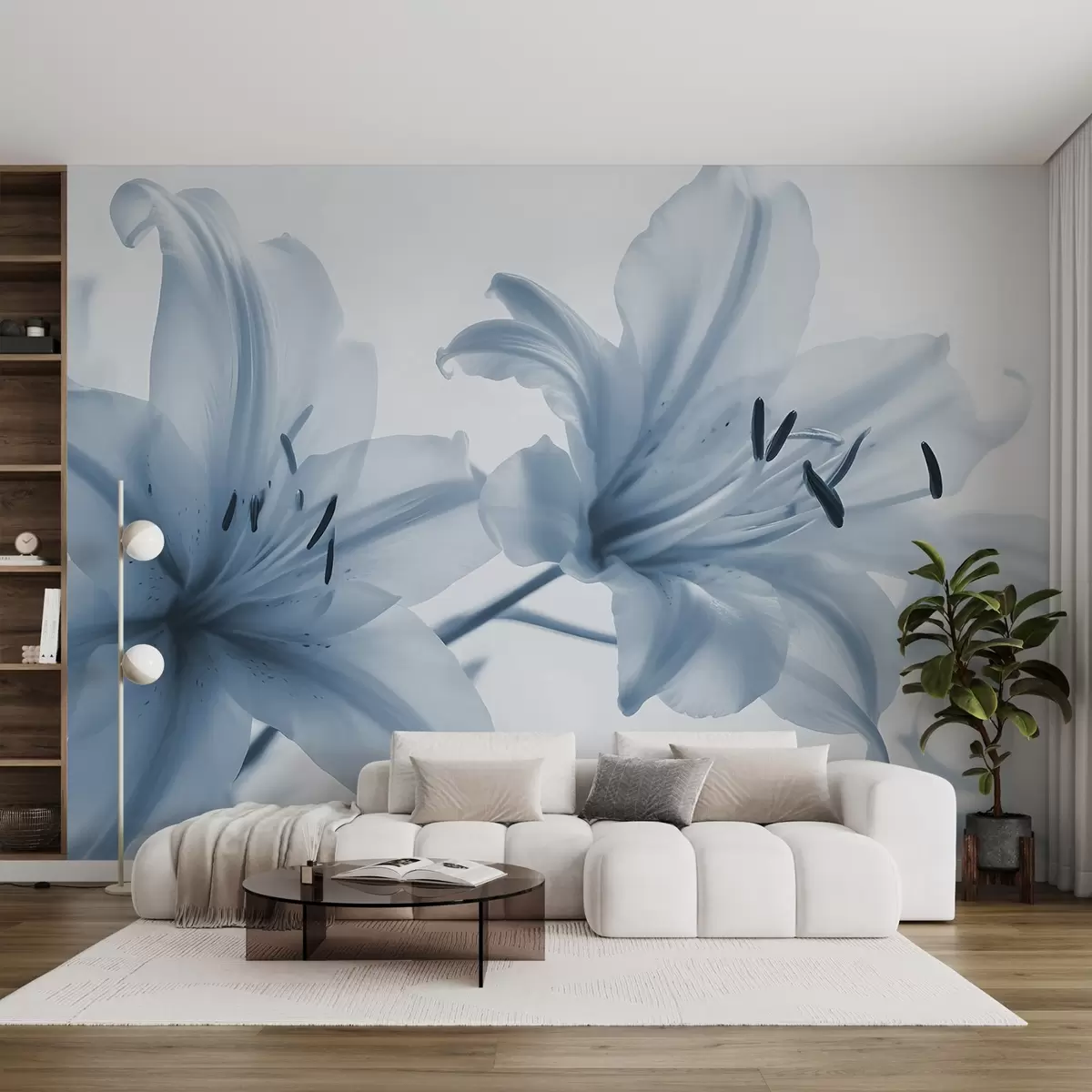 Шпалери М'який фокус крупним планом блакитних мінімалістичних квітів лілії на світлому тлі w08586