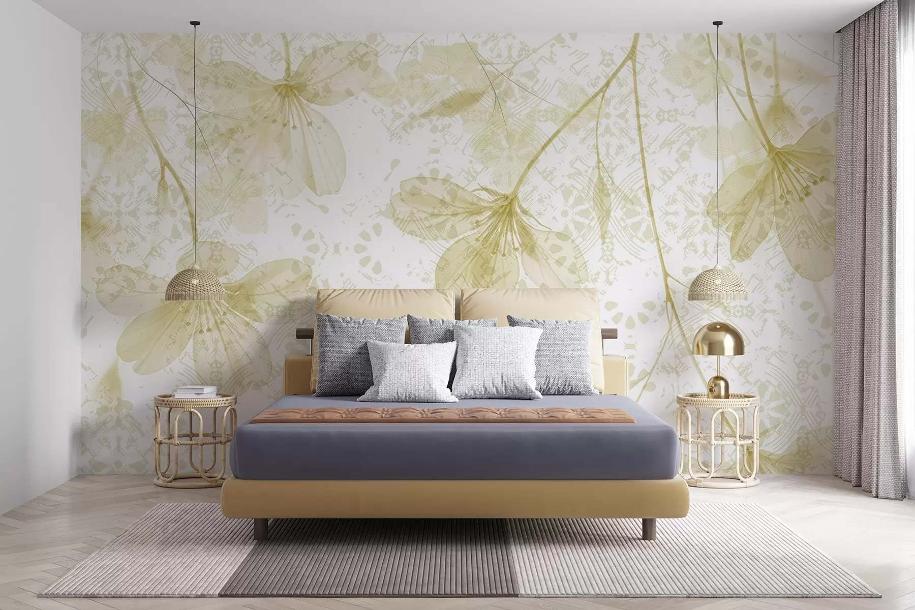 Шпалери Ніжні жовті та білі квіти з довгими стеблами та пелюстками на м'якому, розмитому текстурному тлі w08588v2