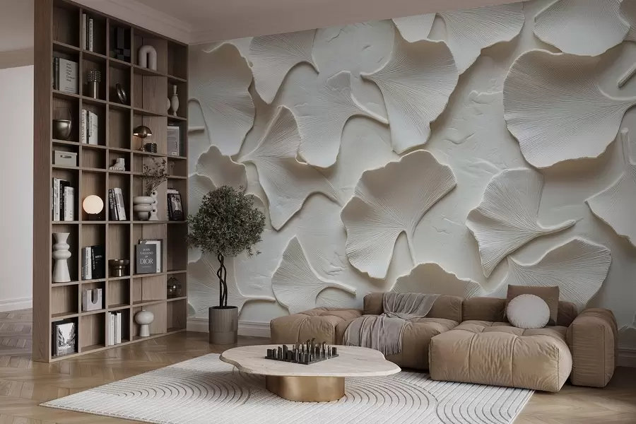 Шпалери Ліпнина з делікатним тисненням листя гінкго на білому тлі w08560v1