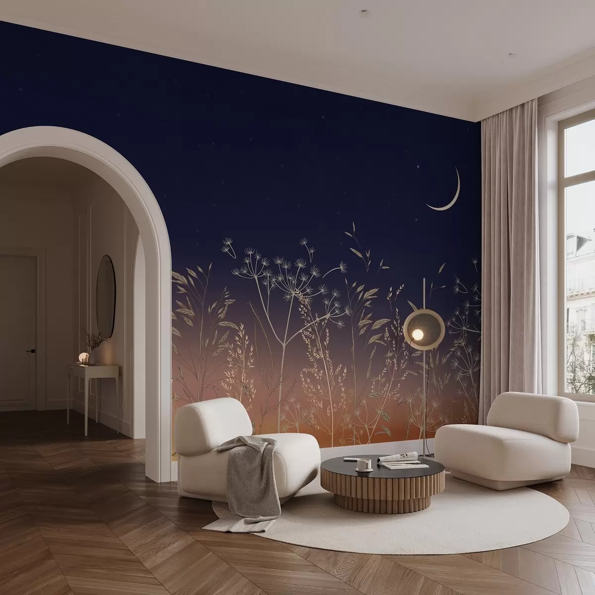 Шпалери Кульбаби з польовими квітами на тлі заходу сонця з блакитним небом і місяцем w08567