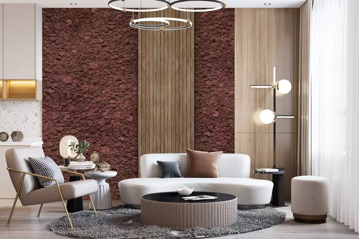 Шпалери Стіна в стилі моху з дерев'яною панеллю, соковиті бордові кольори w02656v1
