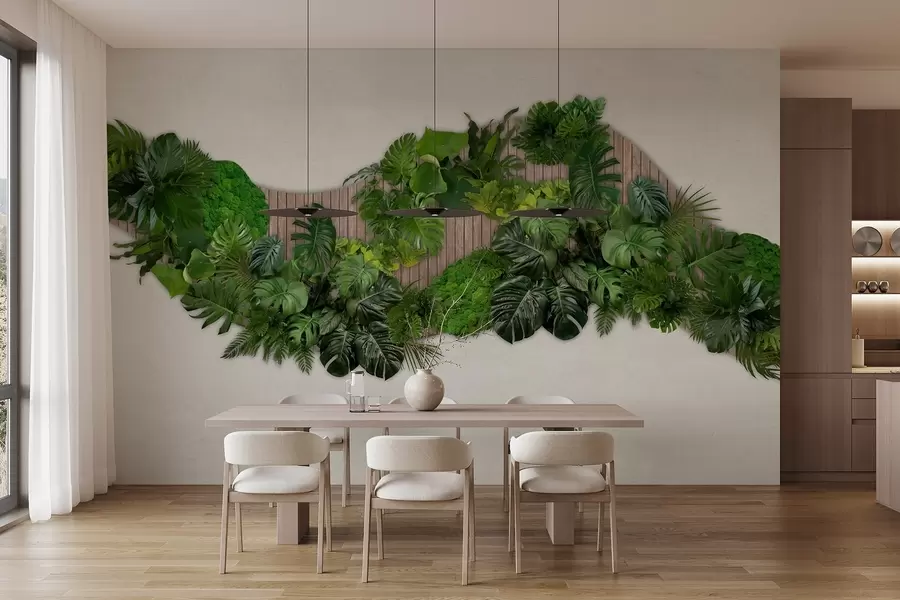 Шпалери Квіткове панно з пальмовим листям, мохом і дерев'яним тлом w02717