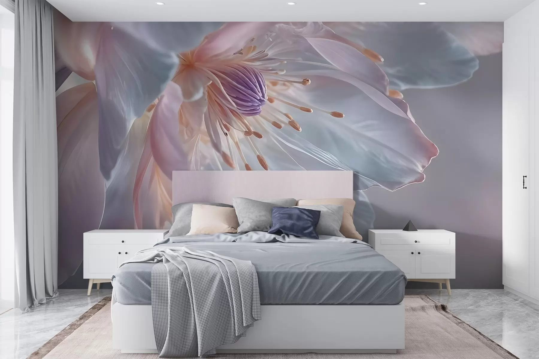 Шпалери Крупним планом ніжна квітка пастельного кольору з м'якими напівпрозорими пелюстками та яскравою серединкою w08605