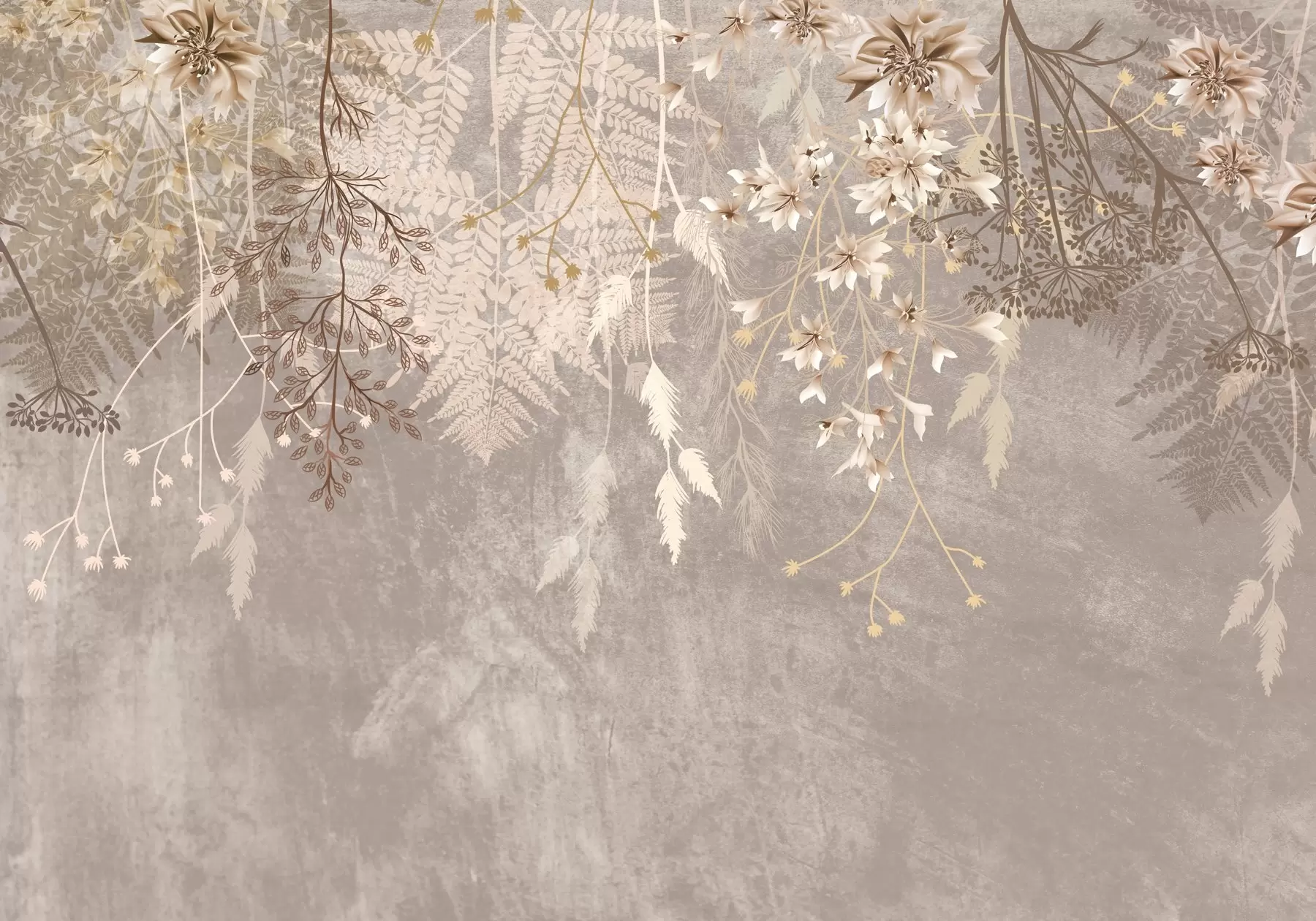 Шпалери Мрійливі, ніжні, пухнасті рослини, колоски та квіти в коричневих пастельних тонах на туманному, фактурному тлі w08606v1