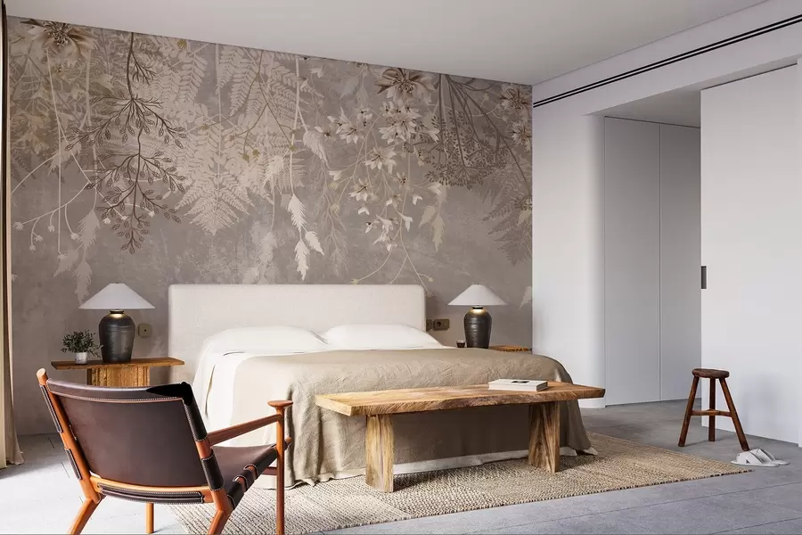 Шпалери Мрійливі, ніжні, пухнасті рослини, колоски та квіти в коричневих пастельних тонах на туманному, фактурному тлі w08606v1