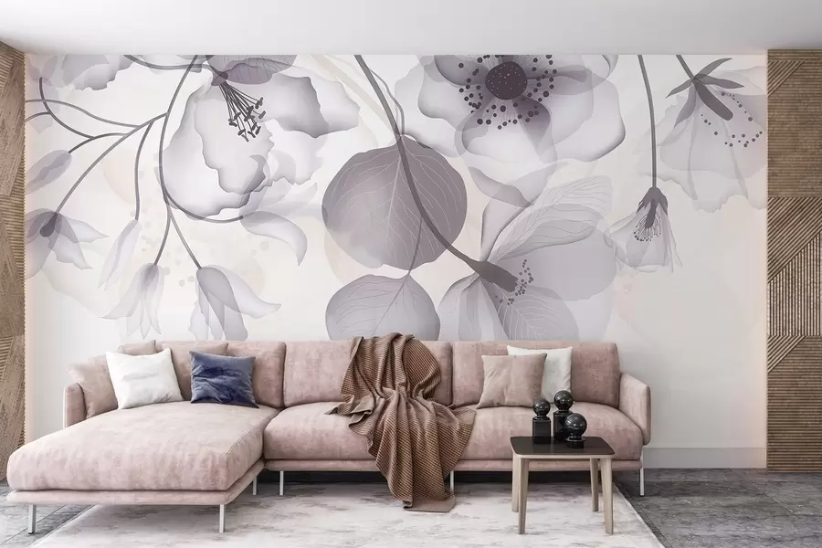 Шпалери Ніжні сірі та бежеві напівпрозорі квіти з м'якими пелюстками та темними серединками на світлому фоні w08613v2