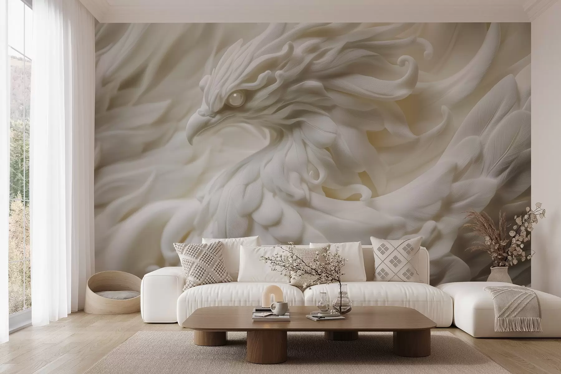 Шпалери Птах з довгим пір'ям в стилі ліпнини в бежевих тонах w08629