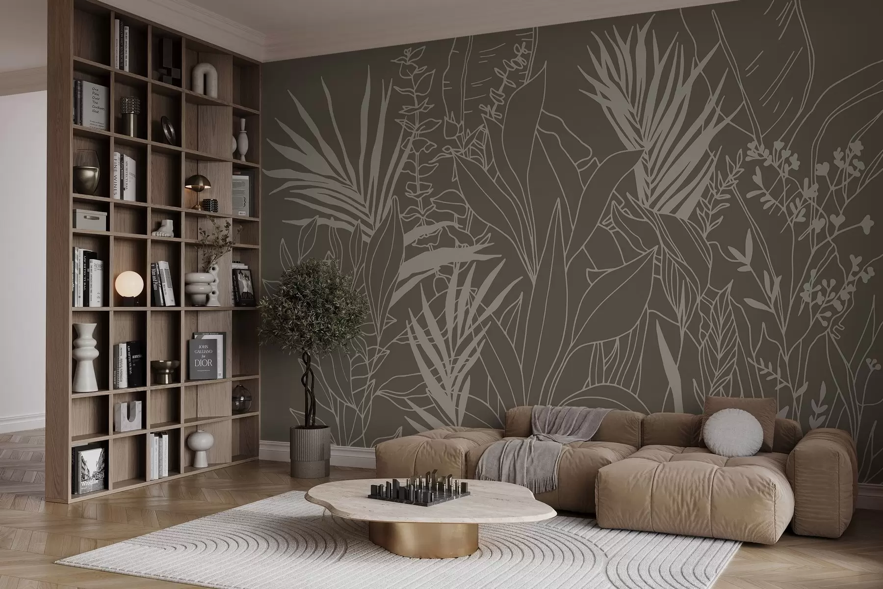 Шпалери Ботанічний лайн-арт на зеленому тлі w02775v1