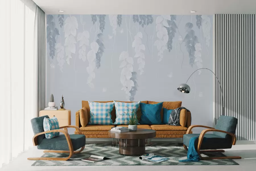 Шпалери Висяче листя і метелики в синьому кольорі w02655v1