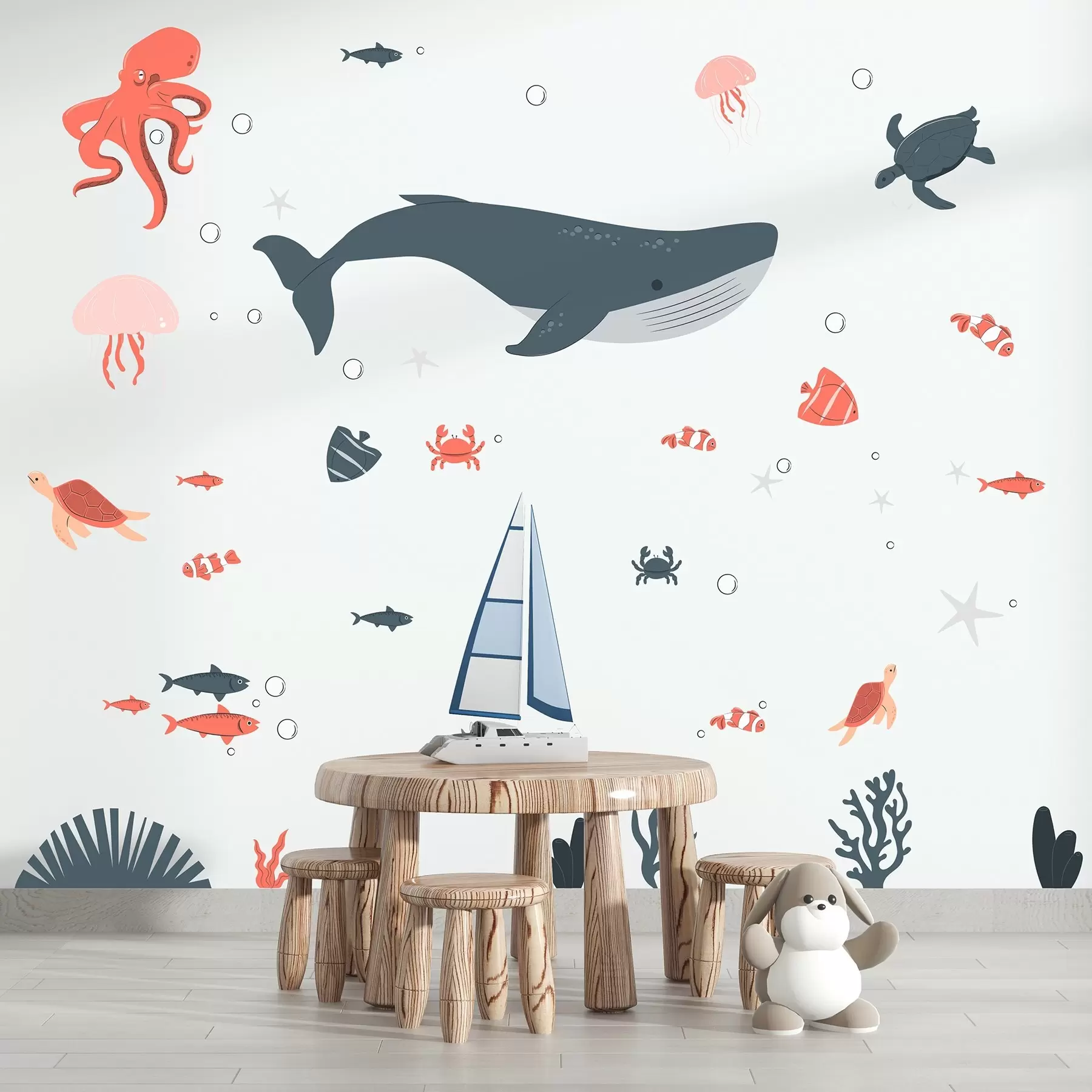 Шпалери Мешканці океану: кит, восьминіг, чаппакуа, медузи та риби n00008