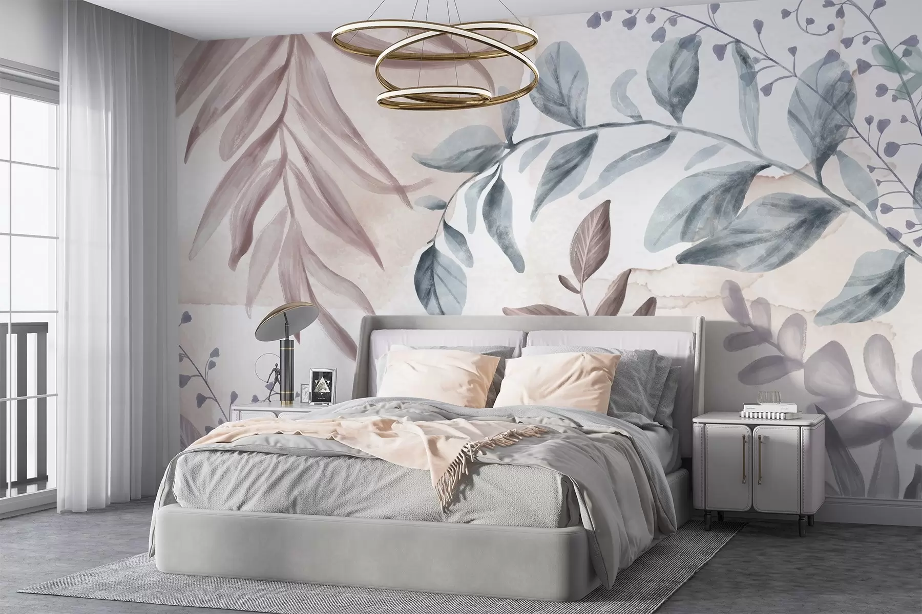 Шпалери Ботанічний принт з листям і квітковими гілками в м'яких пастельних тонах, на акварельному тлі w08668