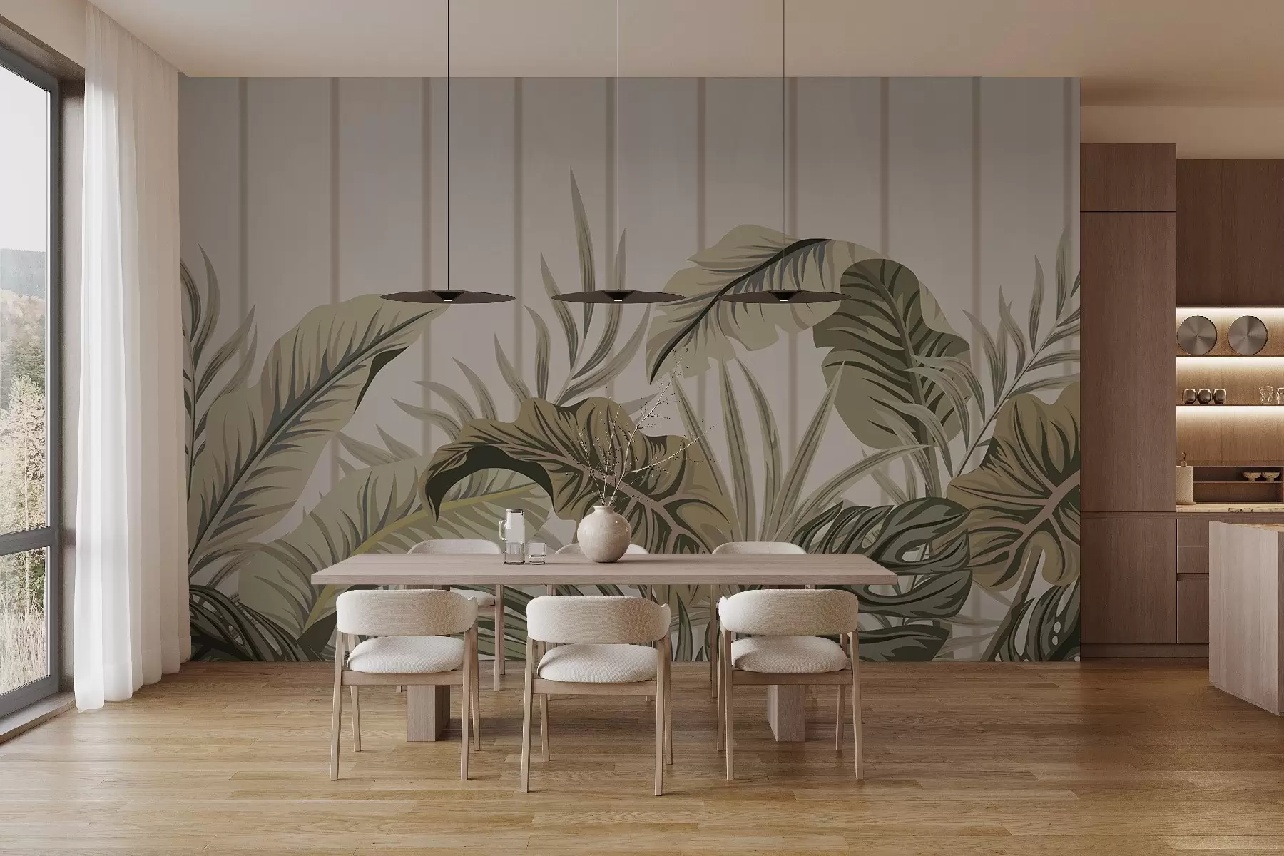 Шпалери Візерунок тропічного листя в приглушених зелених і бежевих тонах на світлому тлі з вертикальними лініями w08683