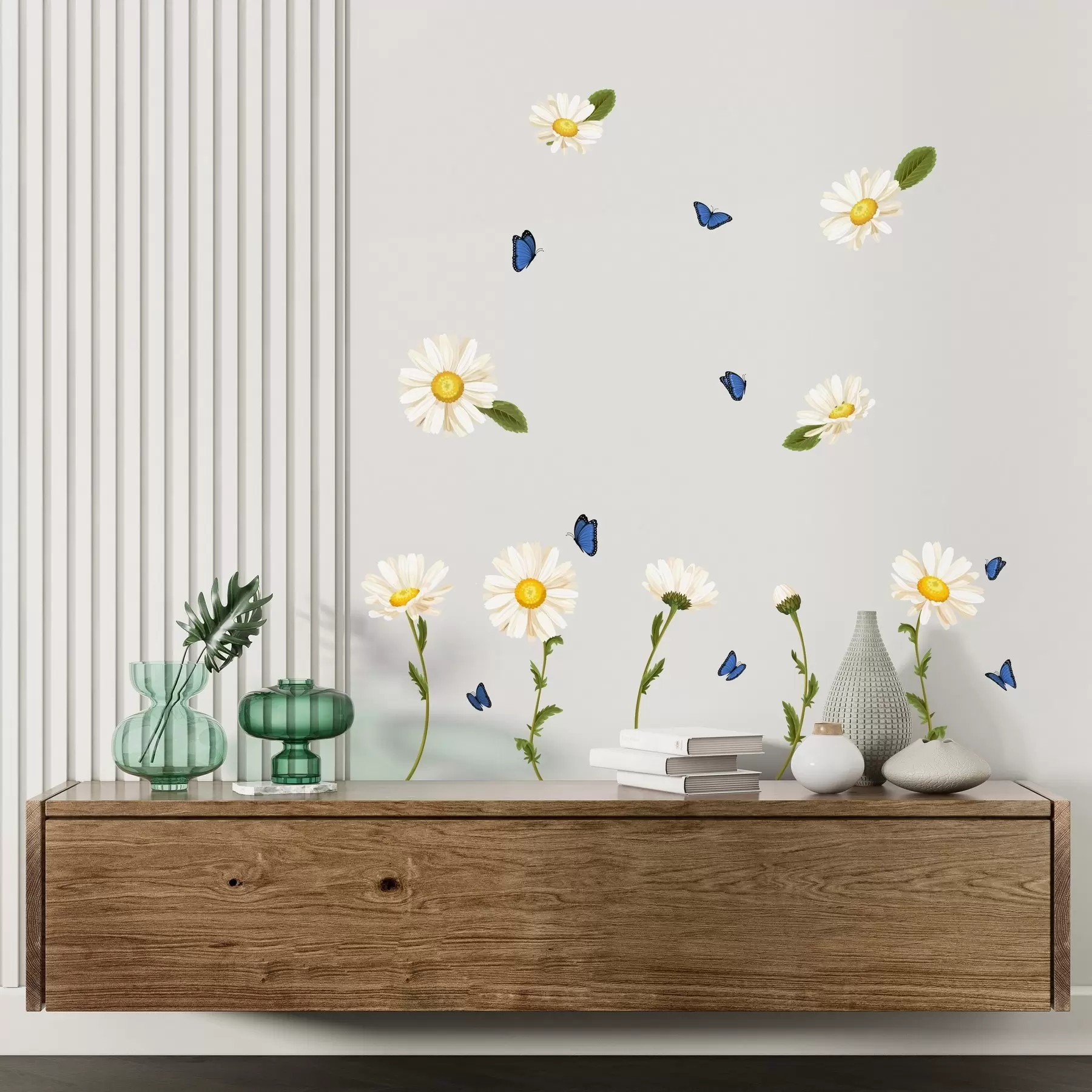Шпалери Тендітні ромашки та маленькі блакитні метелики n00022