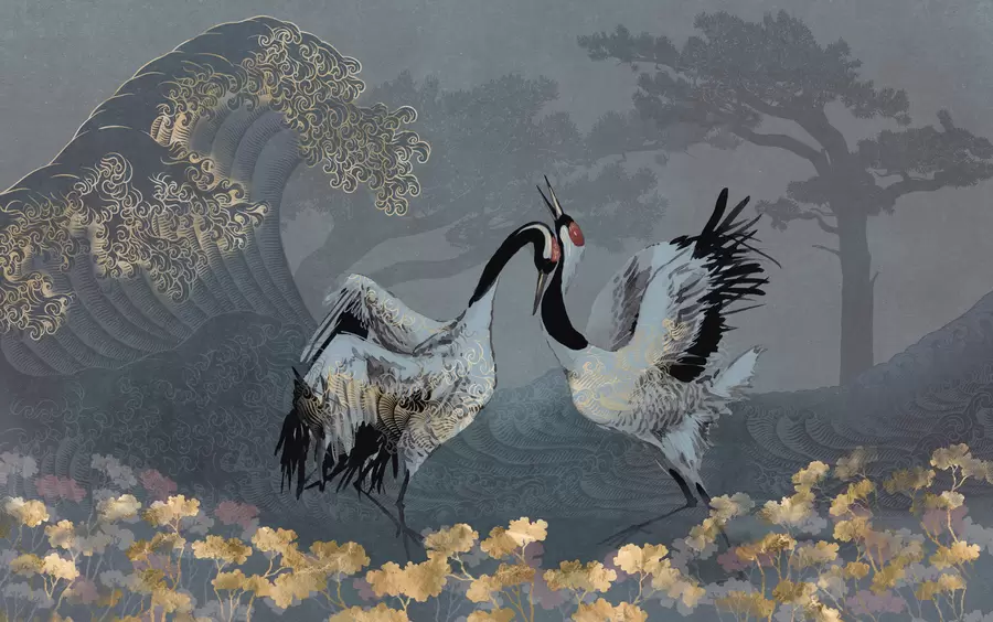 Шпалери Журавлі, дерева та хвилі з елементами китайського стилю w02747