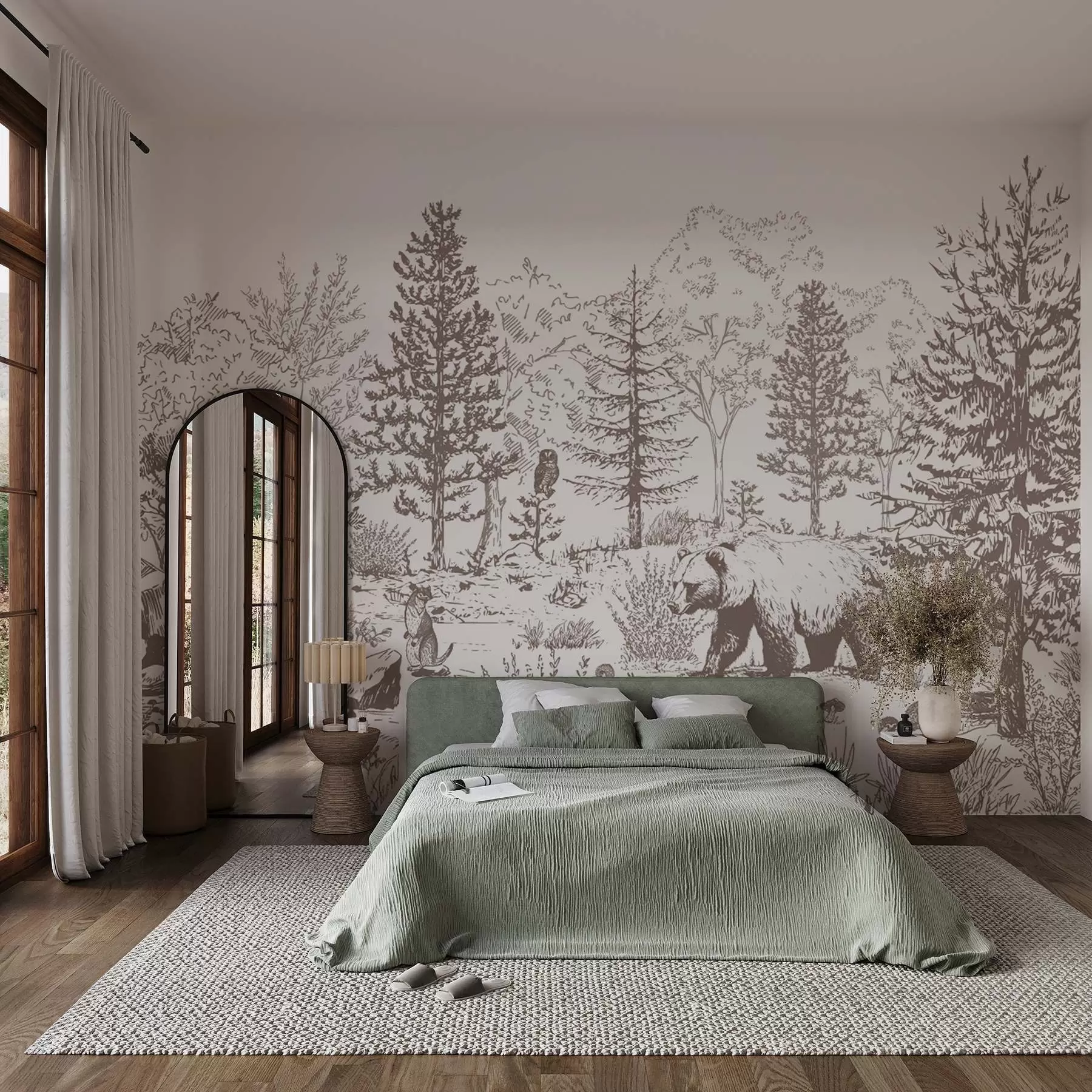 Шпалери Лісове життя, дерева, дикі тварини, ведмідь, лисиця, сова, кущі, малюнок олівцем, бежеві кольори w02929