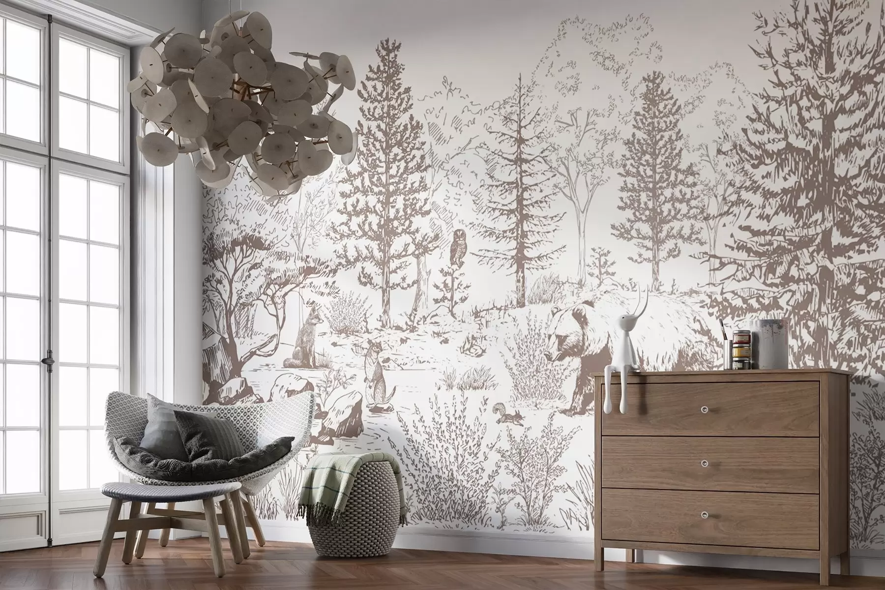 Шпалери Лісове життя, дерева, дикі тварини, ведмідь, лисиця, сова, кущі, малюнок олівцем, бежеві кольори w02929