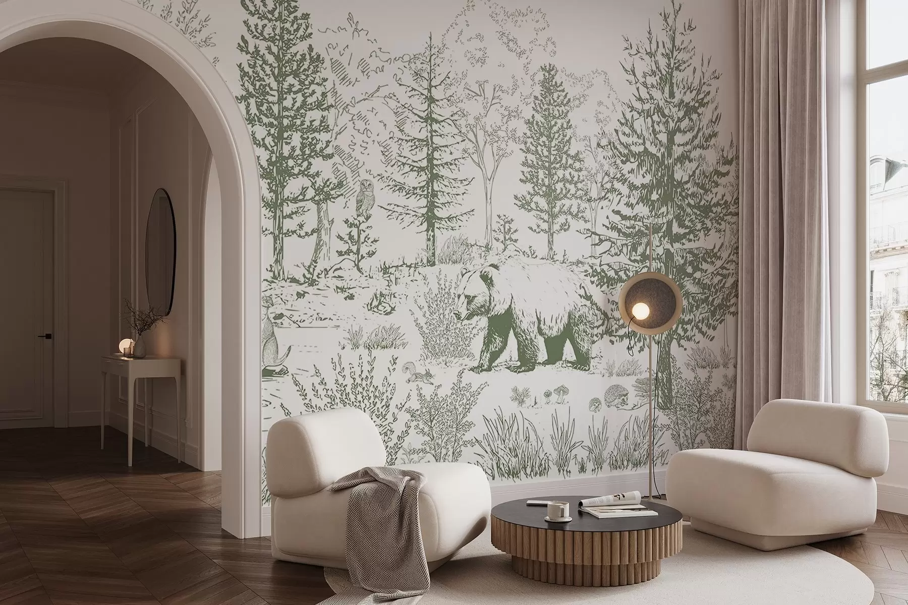 Шпалери Життя лісу, дерева, дикі тварини, ведмідь, лисиця, сова, кущі, малюнок олівцем, зелені кольори w02929v2