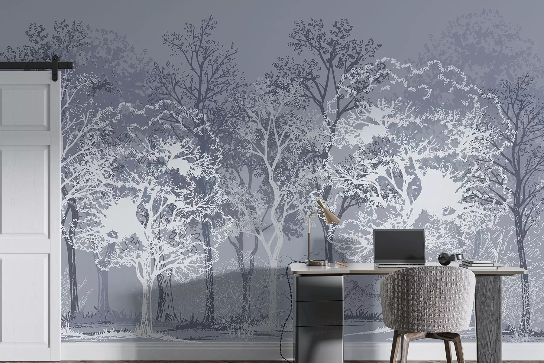 Шпалери Дерева в лісі, мінімалізм, природа, синя палітра кольорів w02930v2