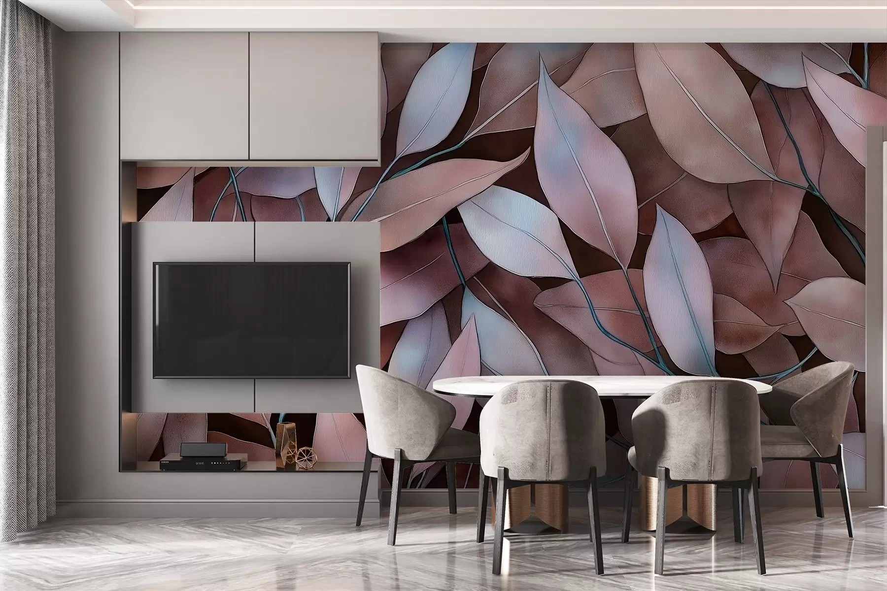 Шпалери Листя евкаліпта, акварельний малюнок, квітковий візерунок, коричневі кольори w02931v1