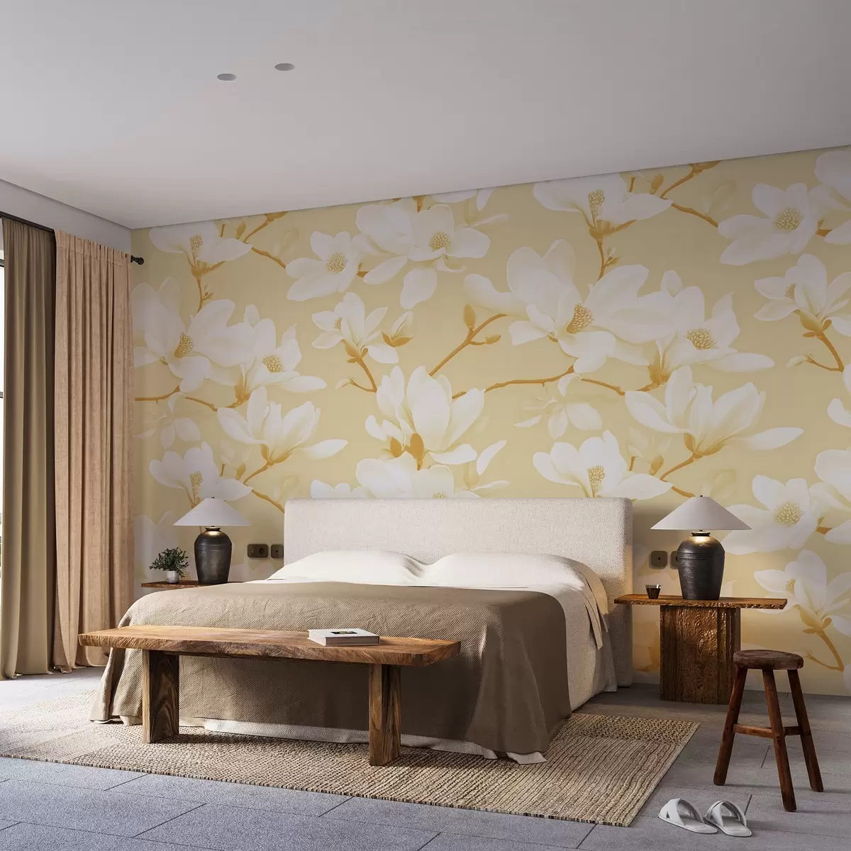 Шпалери Візерунок з білих квітів магнолії, в жовтих відтінках, білого листя та гілок w08726v3