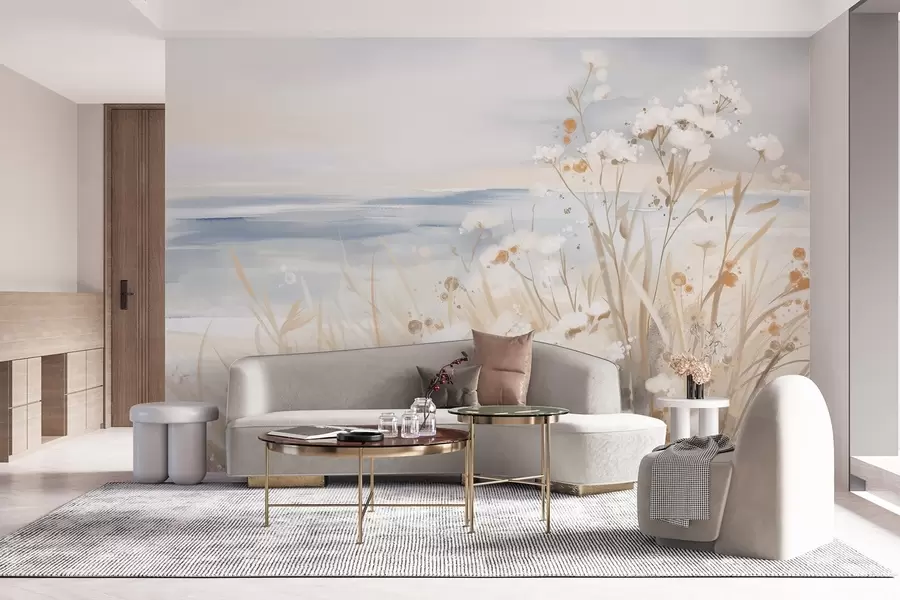 Шпалери Білі абстрактні квіти з ніжними стеблами в траві, на м'якому, приглушеному тлі спокійного моря і неба w08740