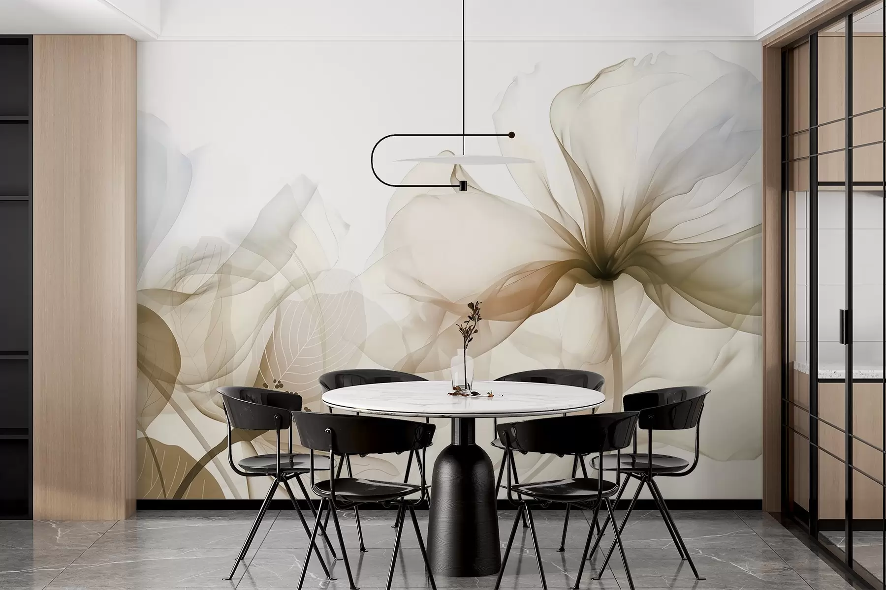 Шпалери Коричневі абстрактні квіти з м'якими, напівпрозорими пелюстками та делікатними деталями на білому тлі w08742v1