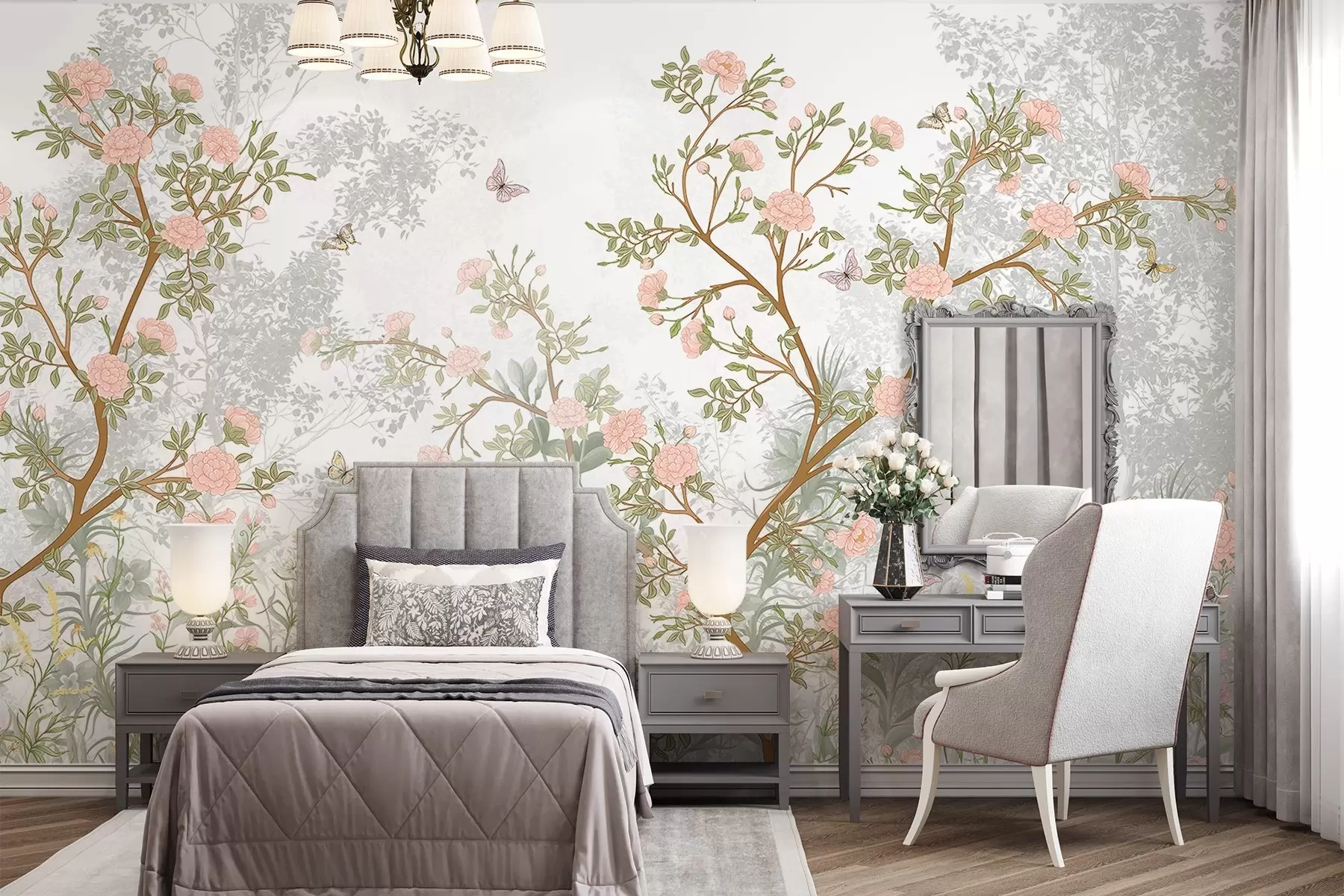 Шпалери Ніжно-рожеве цвітіння дерев, пурхаючі метелики та зелене листя, що переплітається зі стрункими гілками w08744