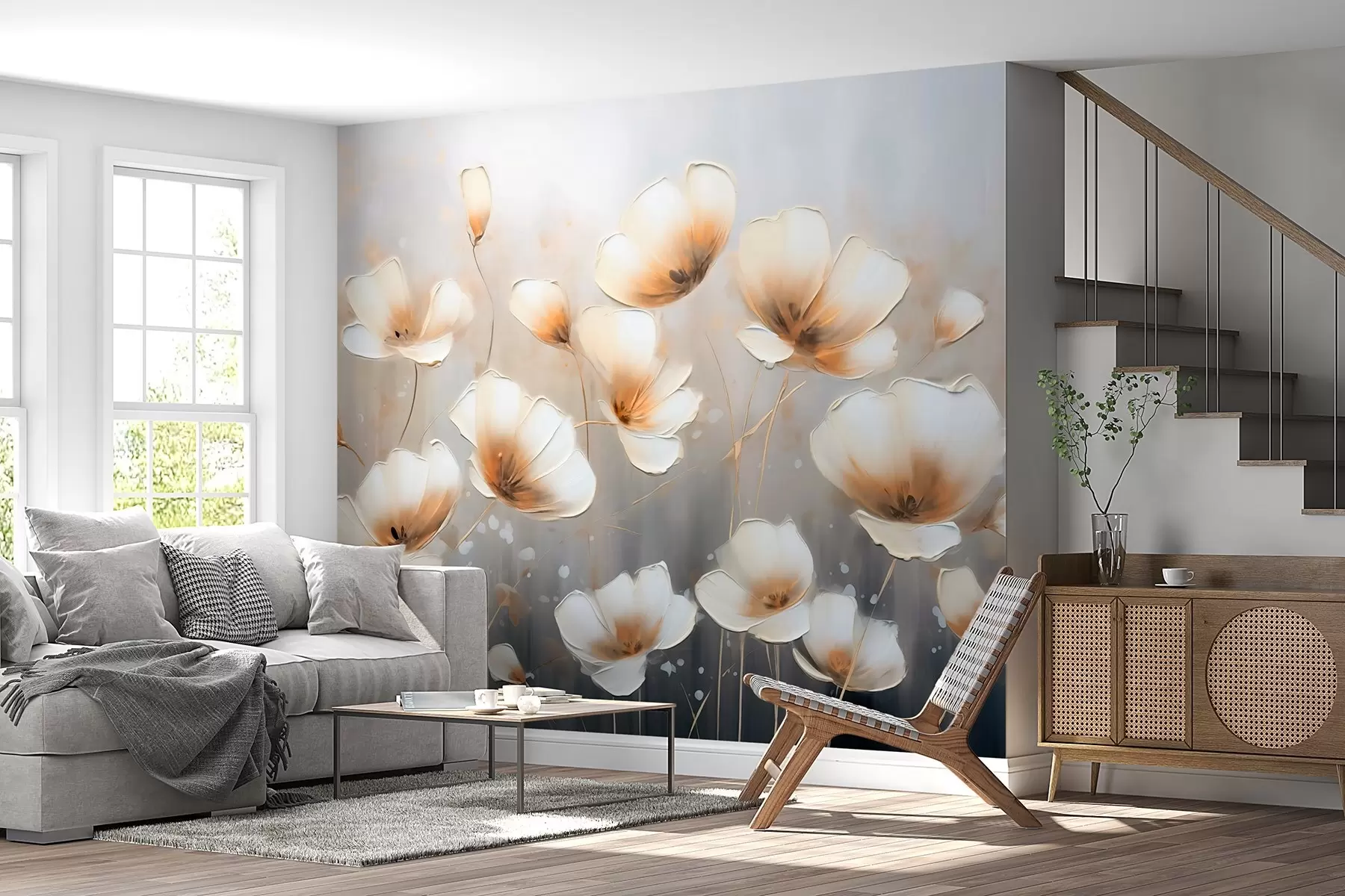 Шпалери Елегантні квіти з ніжними, м'якими пелюстками в бежево-блакитних відтінках w08746v1