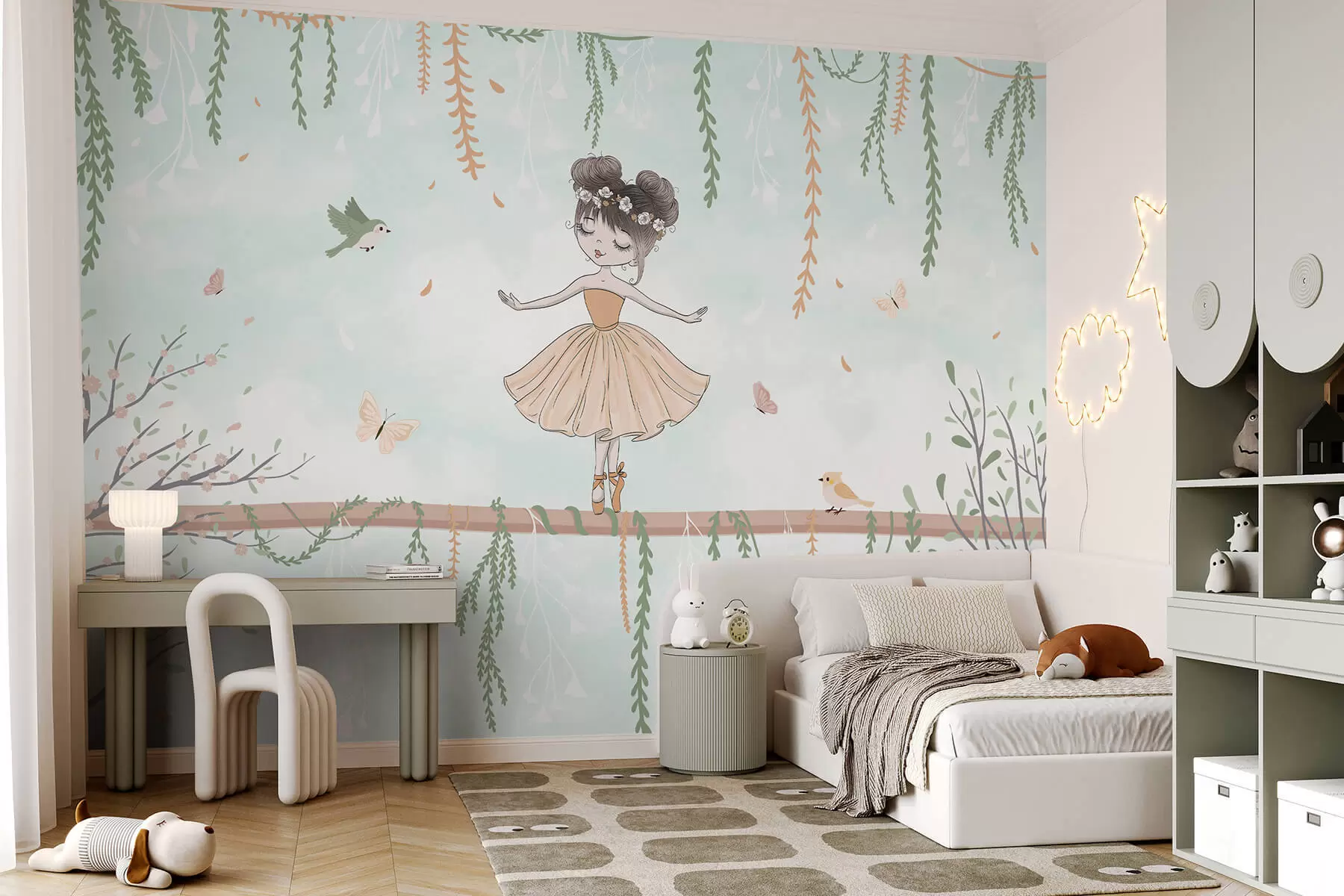 Шпалери Пейзаж з принцесою з птахами та метеликами w03003v1