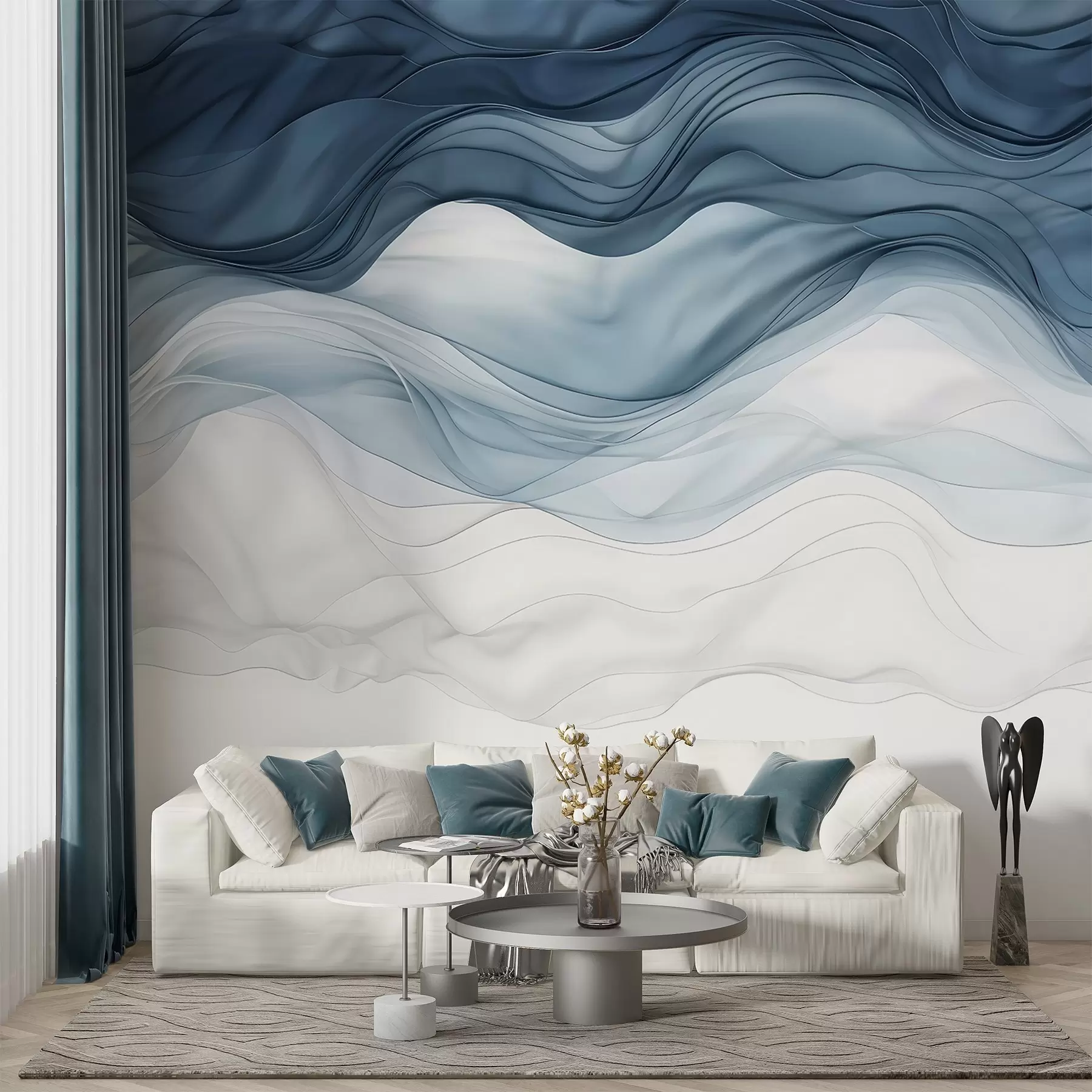 Шпалери Плавні хвилі напівпрозорих текстур у відтінках темно-синього, світло-блакитного та білого на світлому тлі w08775