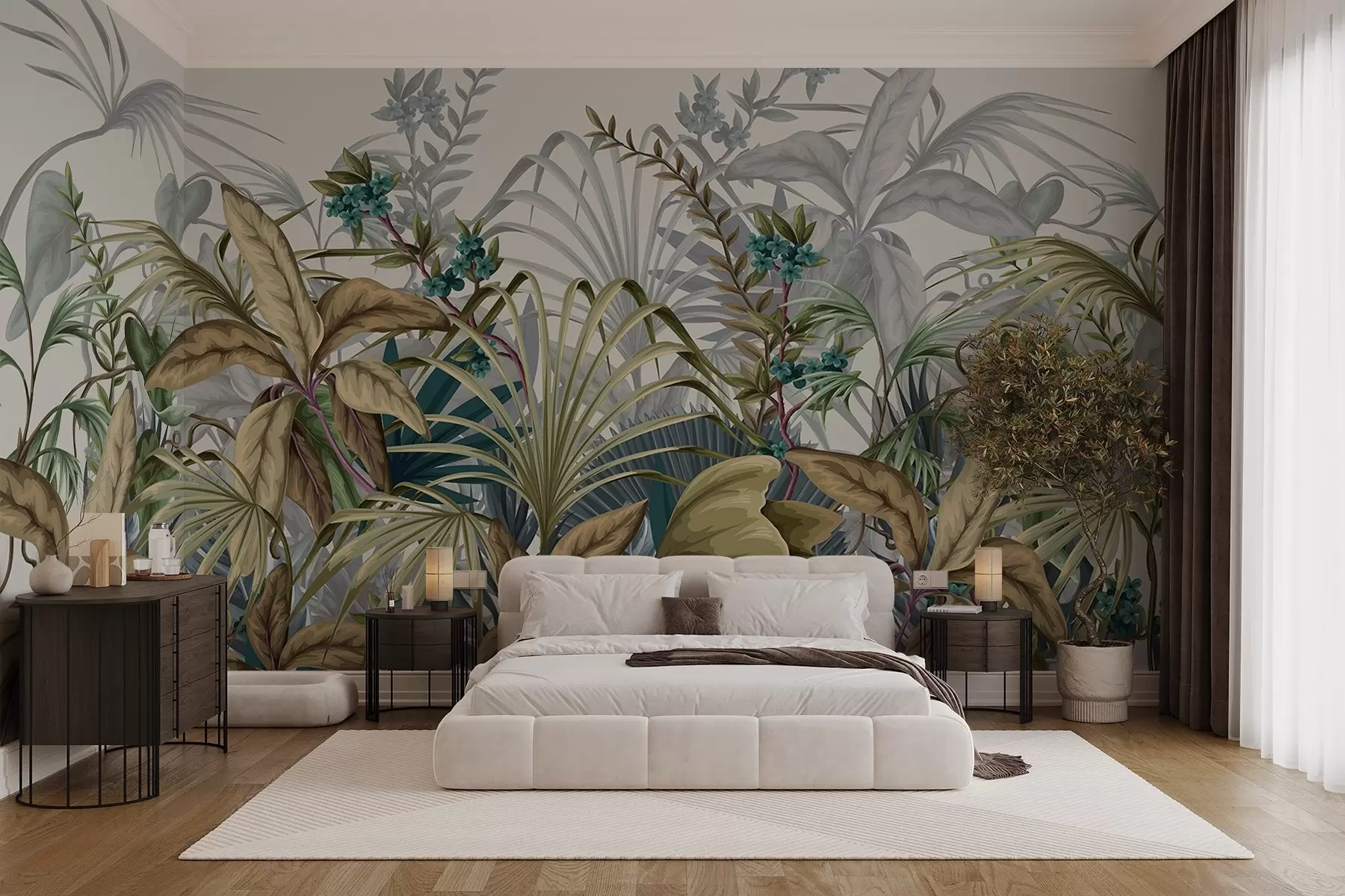 Шпалери Аранжування різних тропічних рослин з великим яскравим листям, що створює пишну листву на світлому бежевому тлі w08777v1