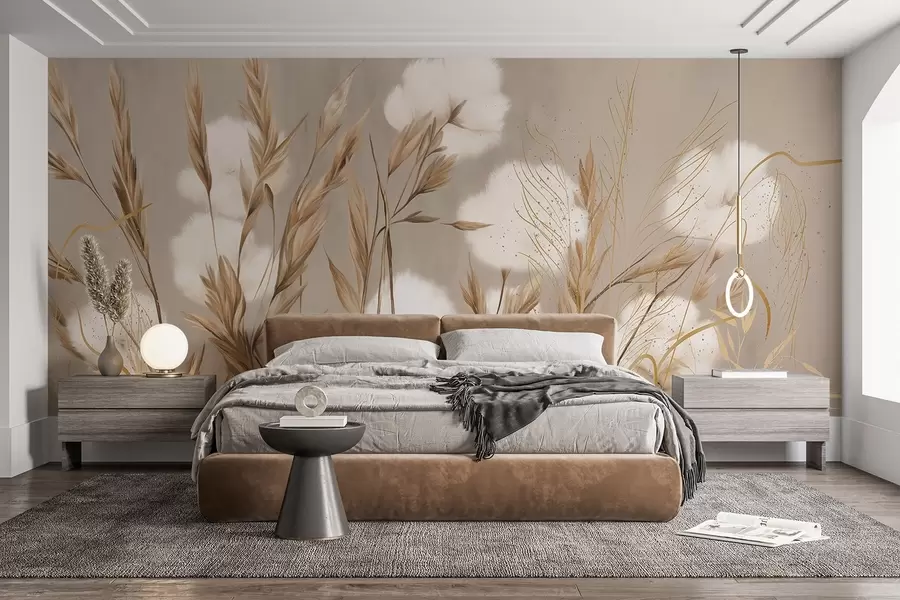 Шпалери М'які, пухнасті бавовняні білі квіти і високі помаранчеві колоски трави на приглушеному фактурному бежевому тлі w08784