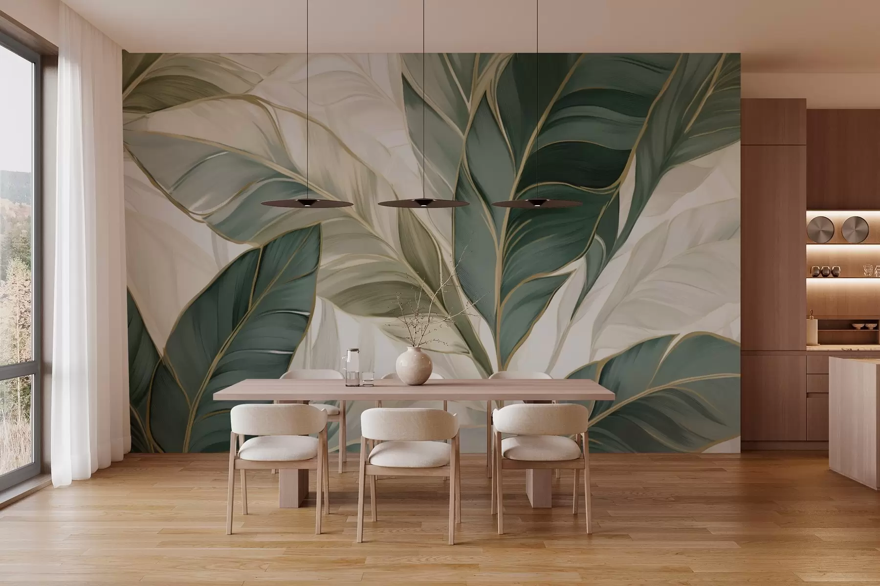 Шпалери Зелене тропічне листя на сіро-білому тлі w03124