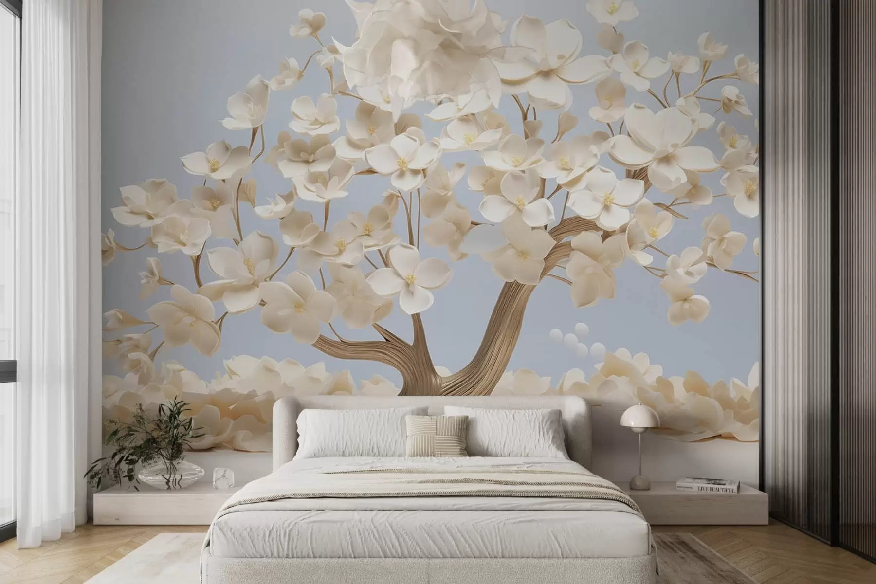 Шпалери Дерево з ніжними квітами на світло-блакитному тлі w08793