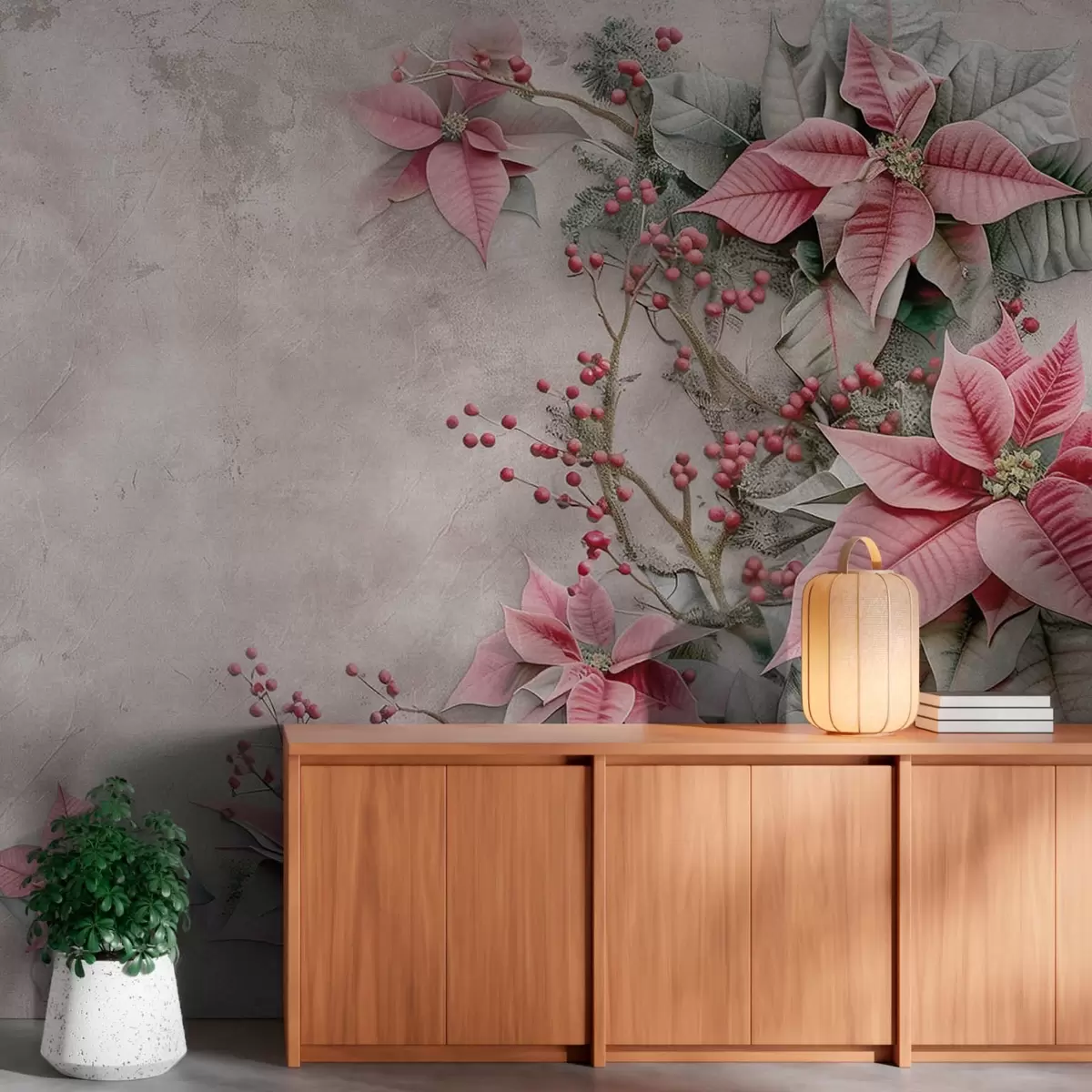 Шпалери Квіти пуансетії на тлі зістареного бетону w08798