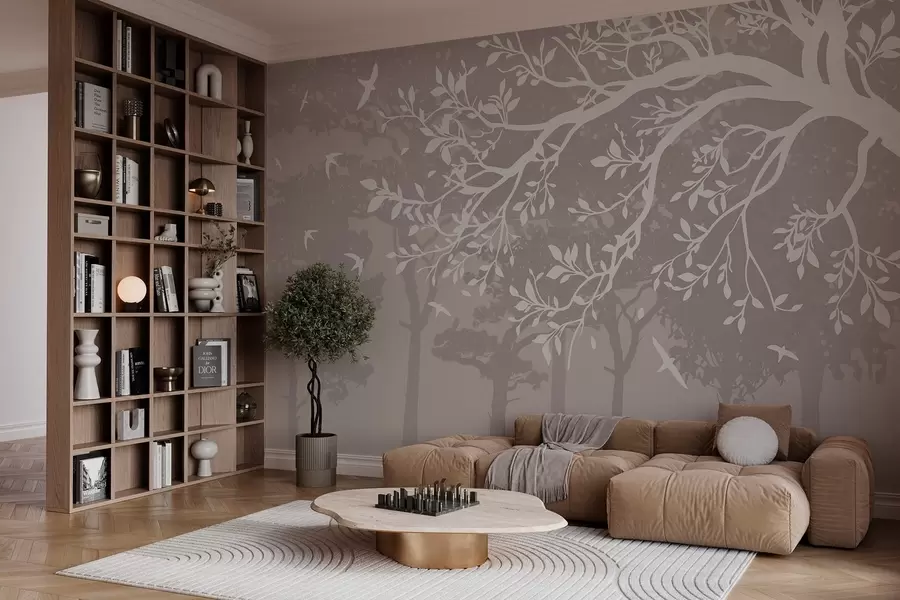 Шпалери силует кремової гілки дерева з птахами на тлі лісу w03116