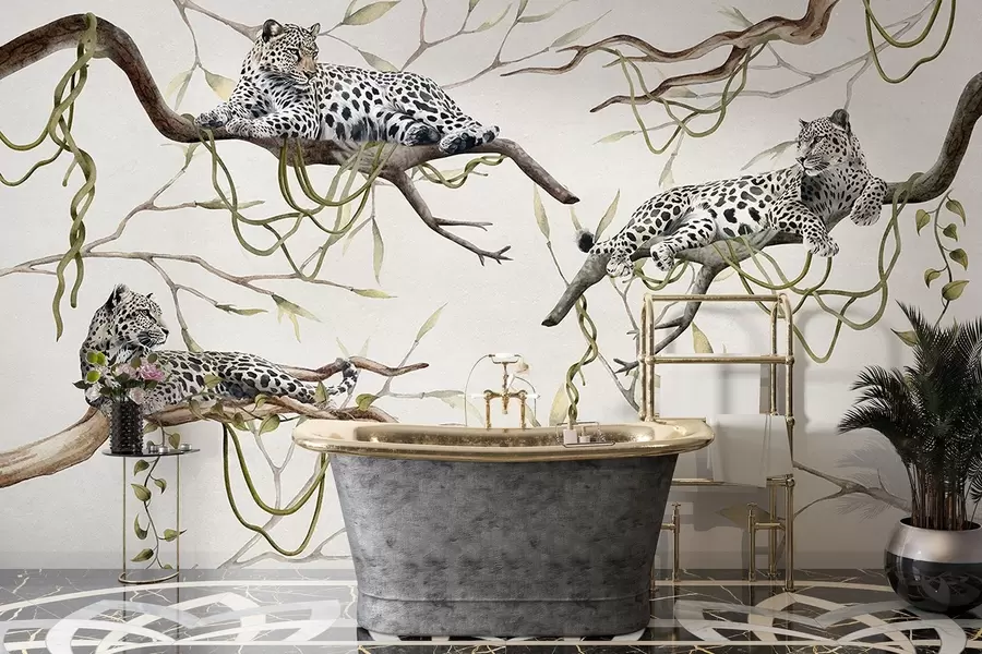 Шпалери Леопарди на деревах джунглів, ліани, тропічні, дикі тварини, палітра пастельних кольорів w03146v4